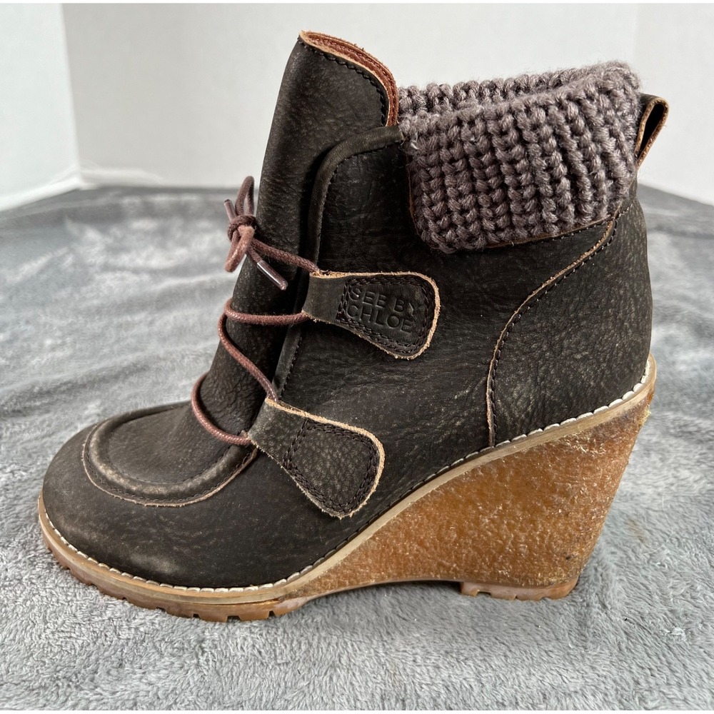 See By Chloe Wedge Ankle Boots 8/38 Brown Knit Ankle Cuff Boho Chic Cozy